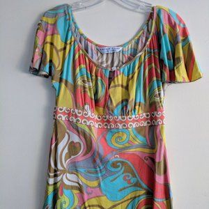 Trina Turk coral/turquoise/yellow silk blouse, size XS
